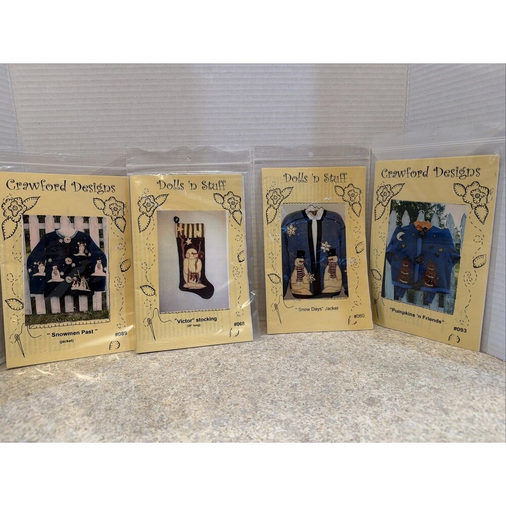 Primitive Folk Art Snowmen Pumpkin Jacket Stocking Sewing Pattern Lot of 4